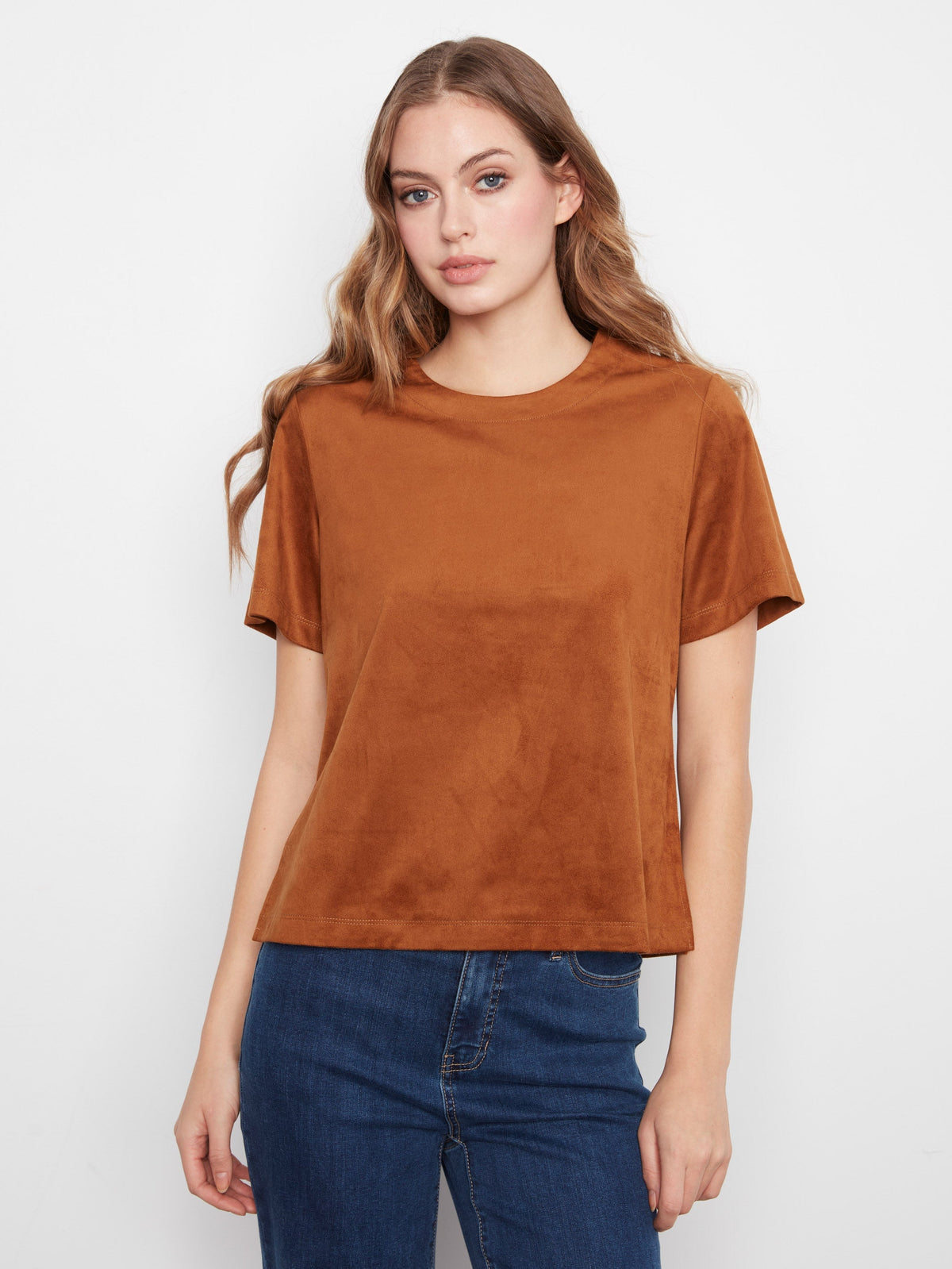 Faux Suede Short Sleeve Top - Toffee