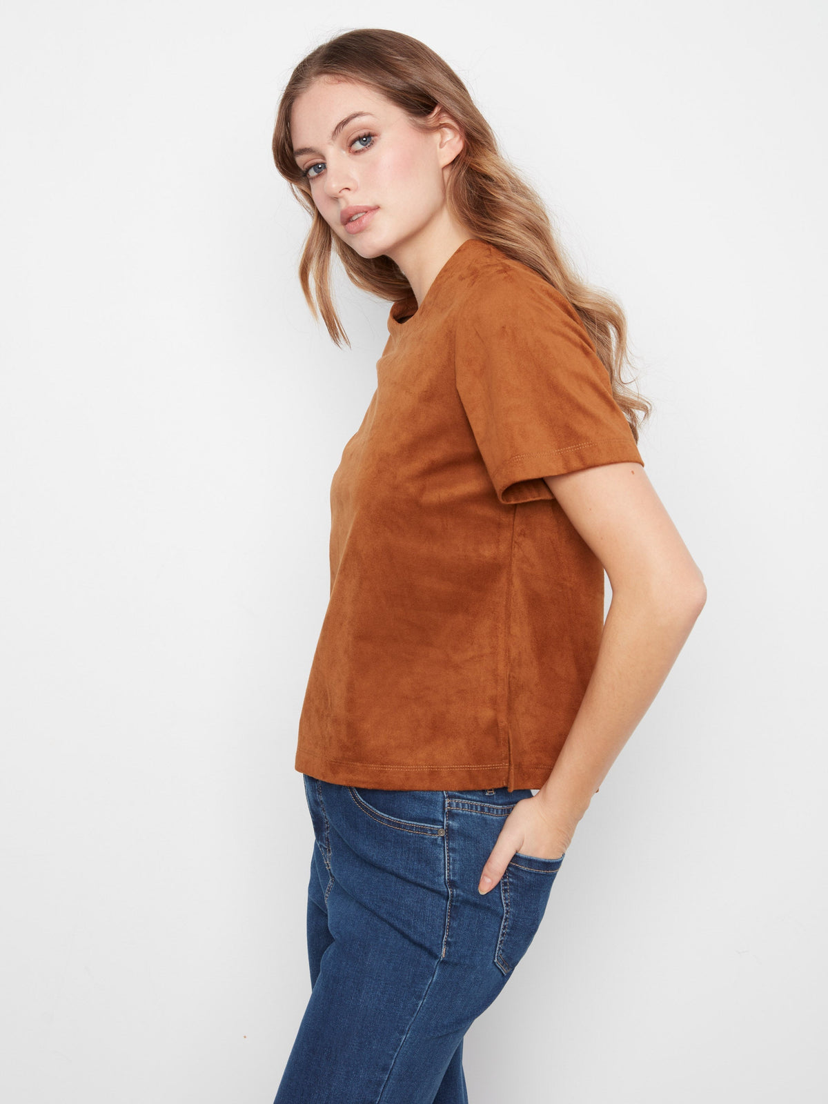 Faux Suede Short Sleeve Top - Toffee