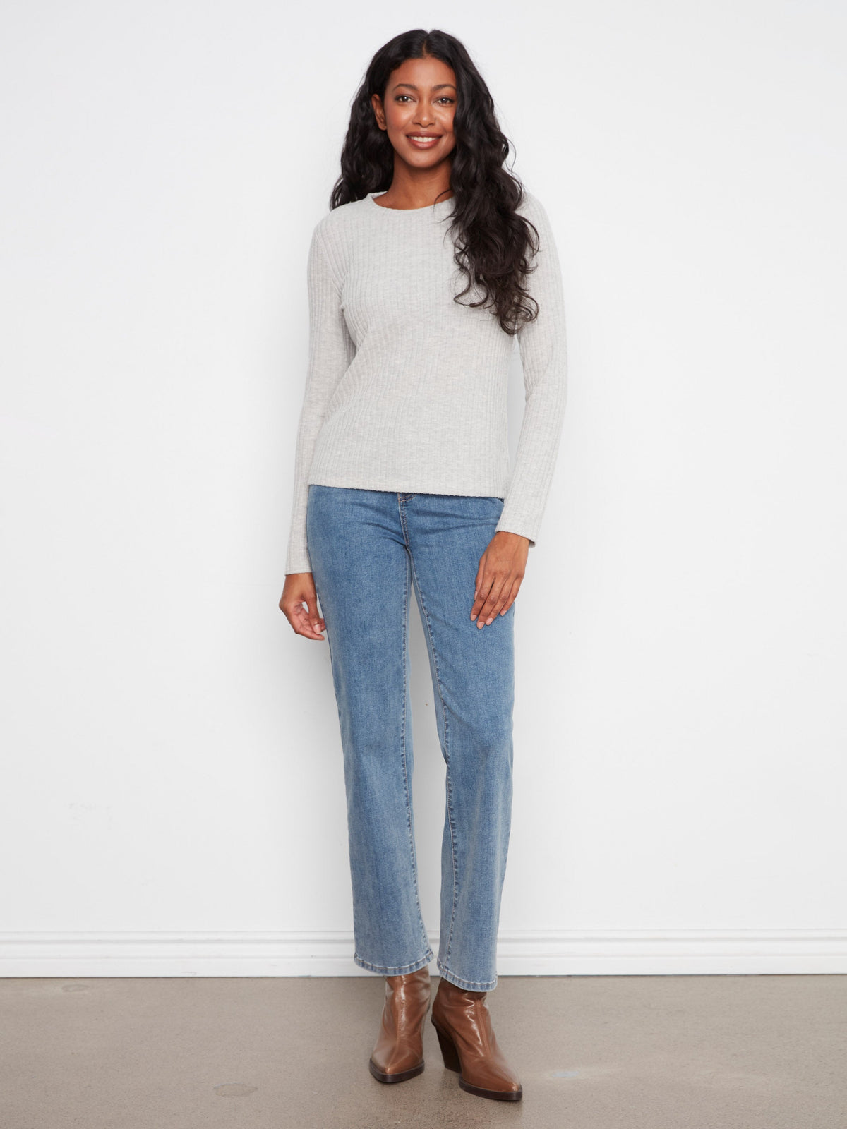 Brushed Ribbed Crew Neck Top - Heather Grey