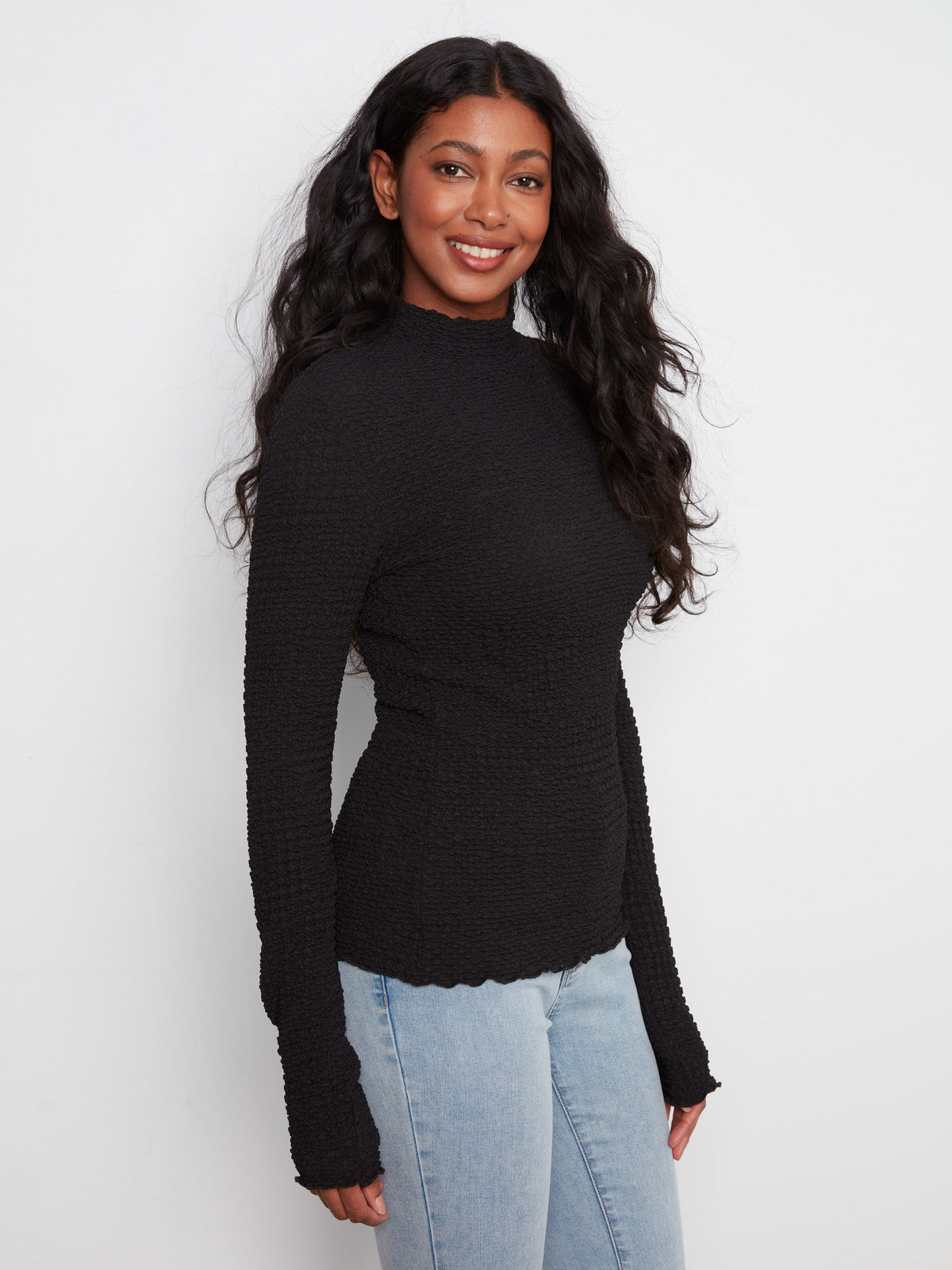 Bubble Knit Mock Neck Top - Black