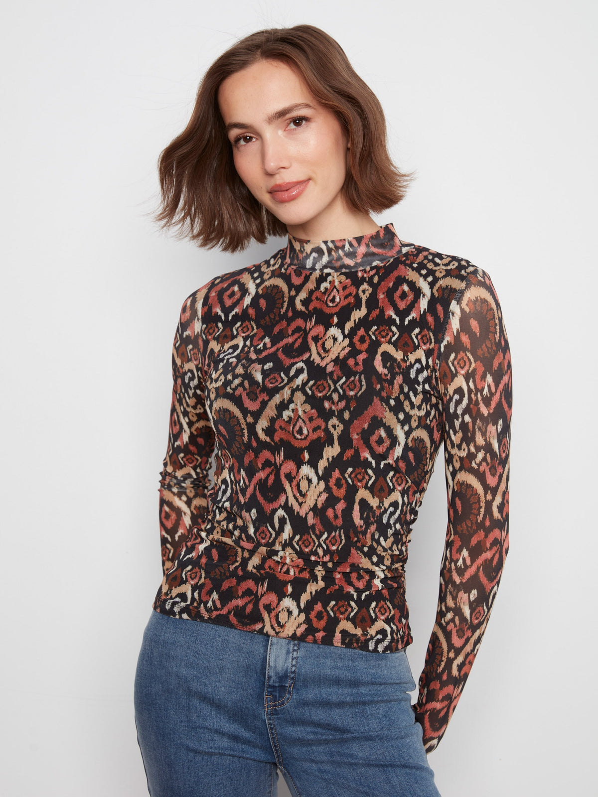 Printed Mesh Mock Neck Top - Kaia