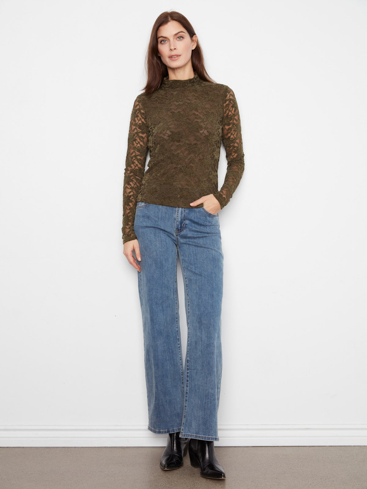 Lace Mock Neck Top - Dark Olive
