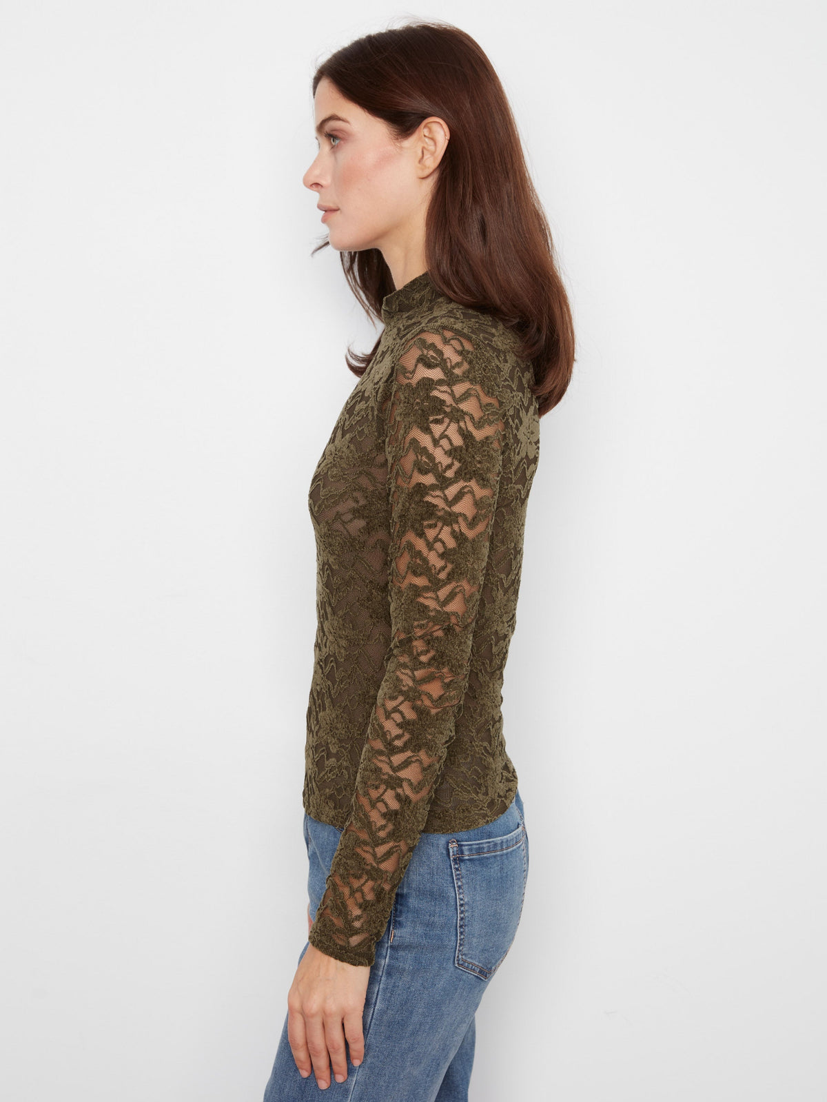 Lace Mock Neck Top - Dark Olive