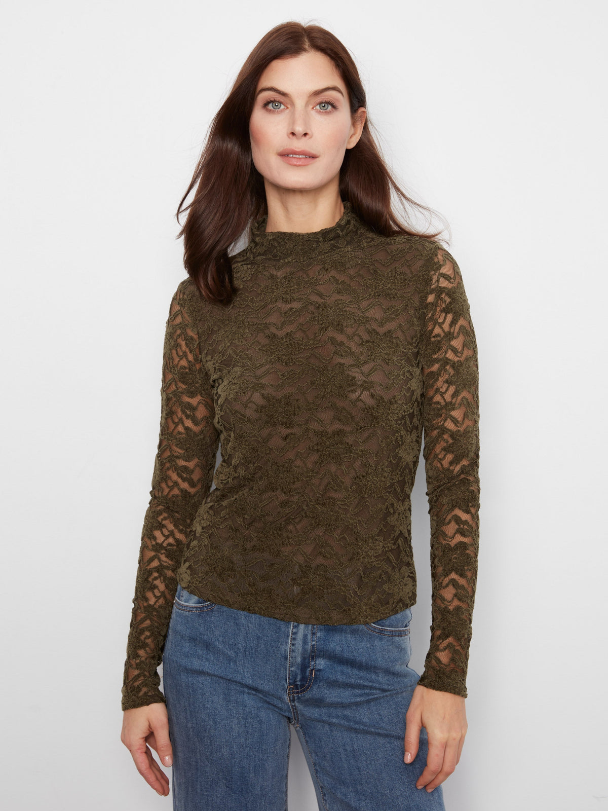 Lace Mock Neck Top - Dark Olive