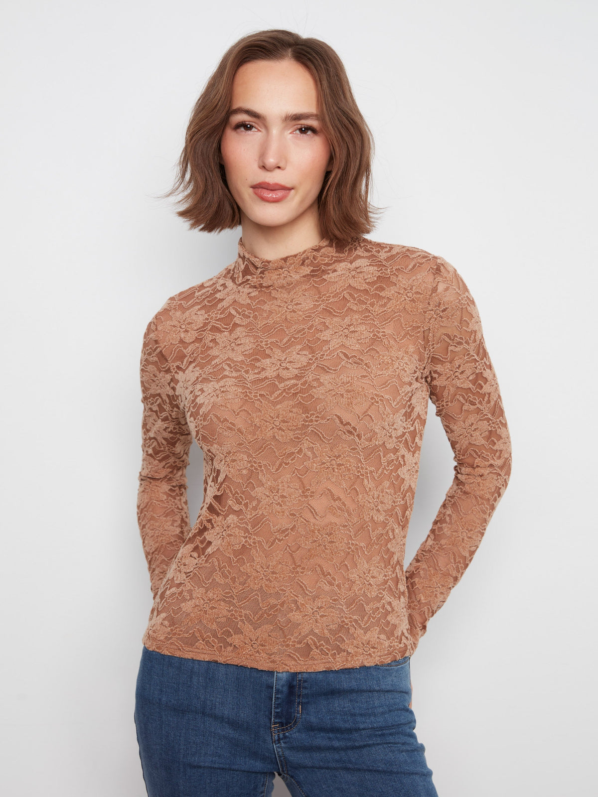Lace Mock Neck Top - Truffle
