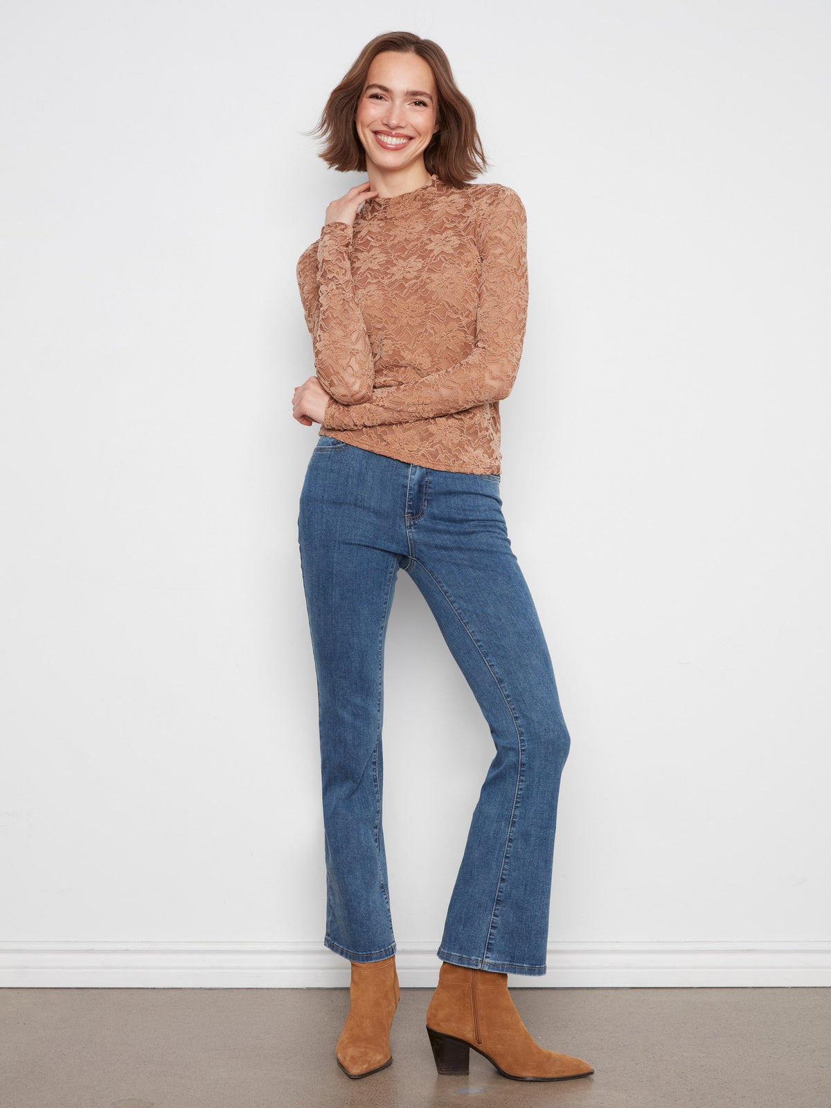 Lace Mock Neck Top - Truffle