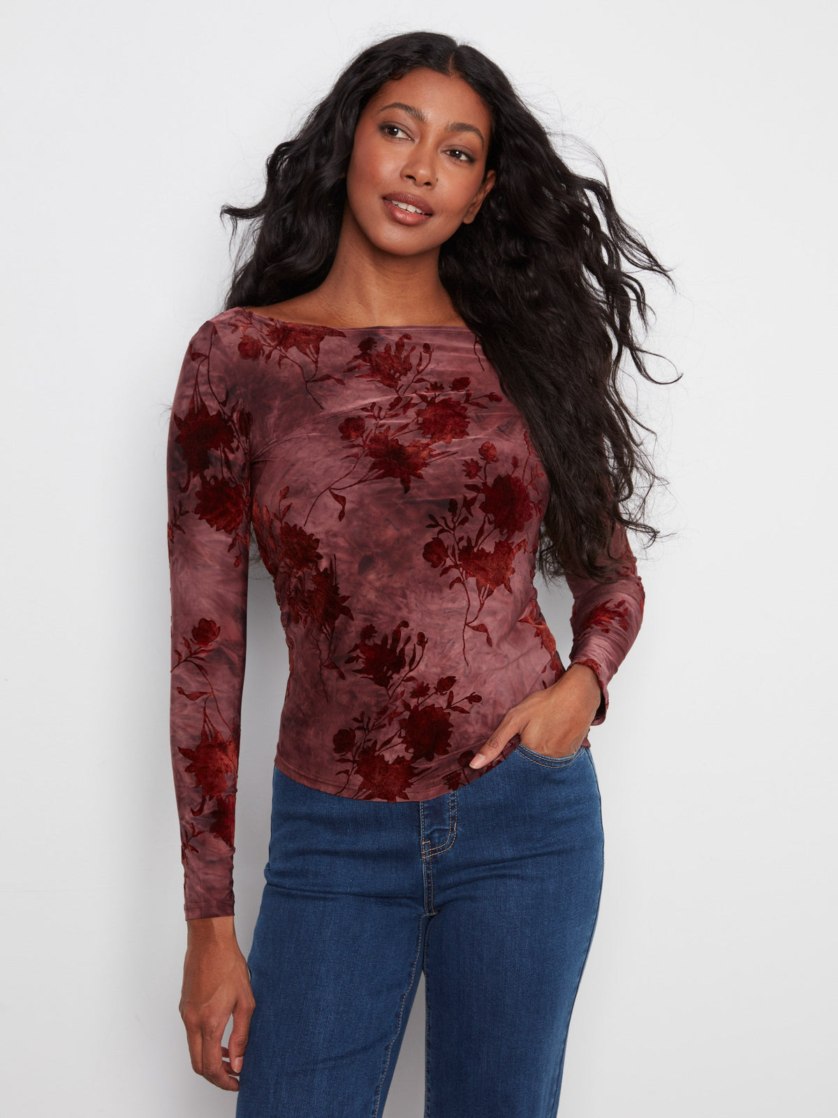Ruched Boat Neck Top - Merlot
