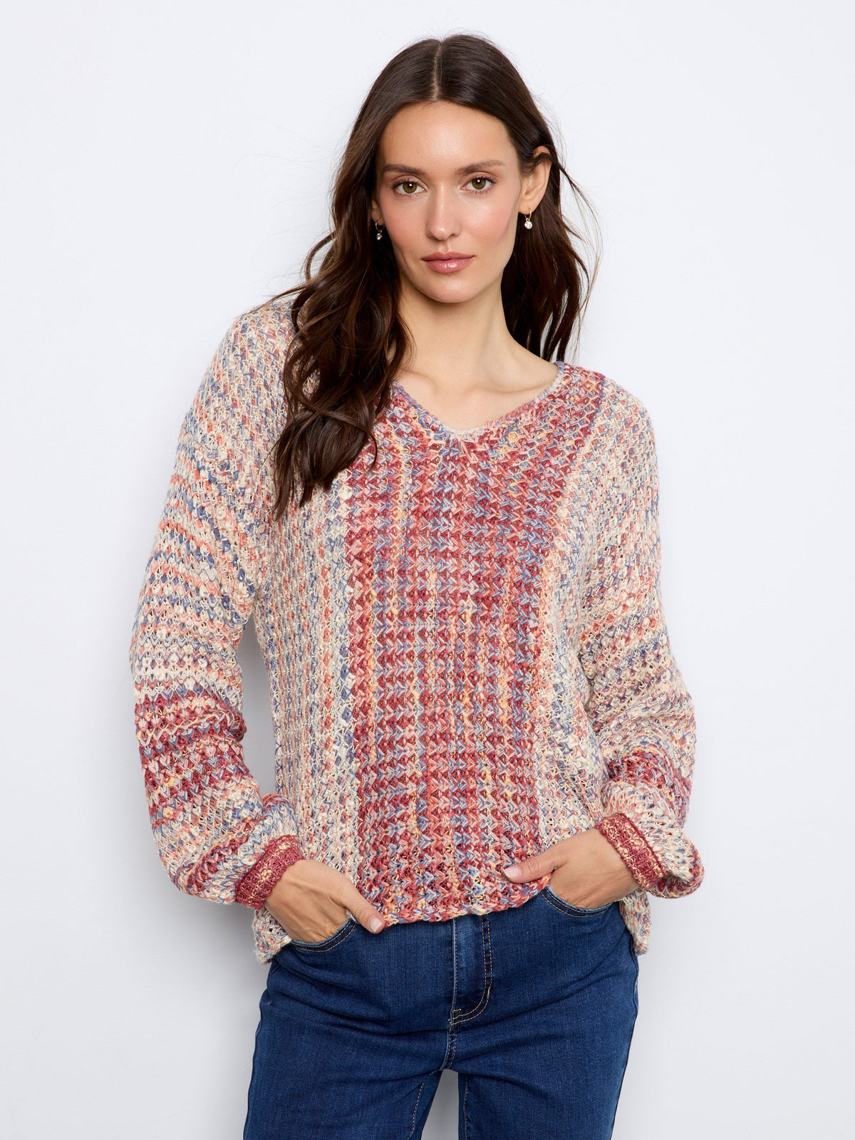 Novelty Knit V-Neck Sweater - Rosebud
