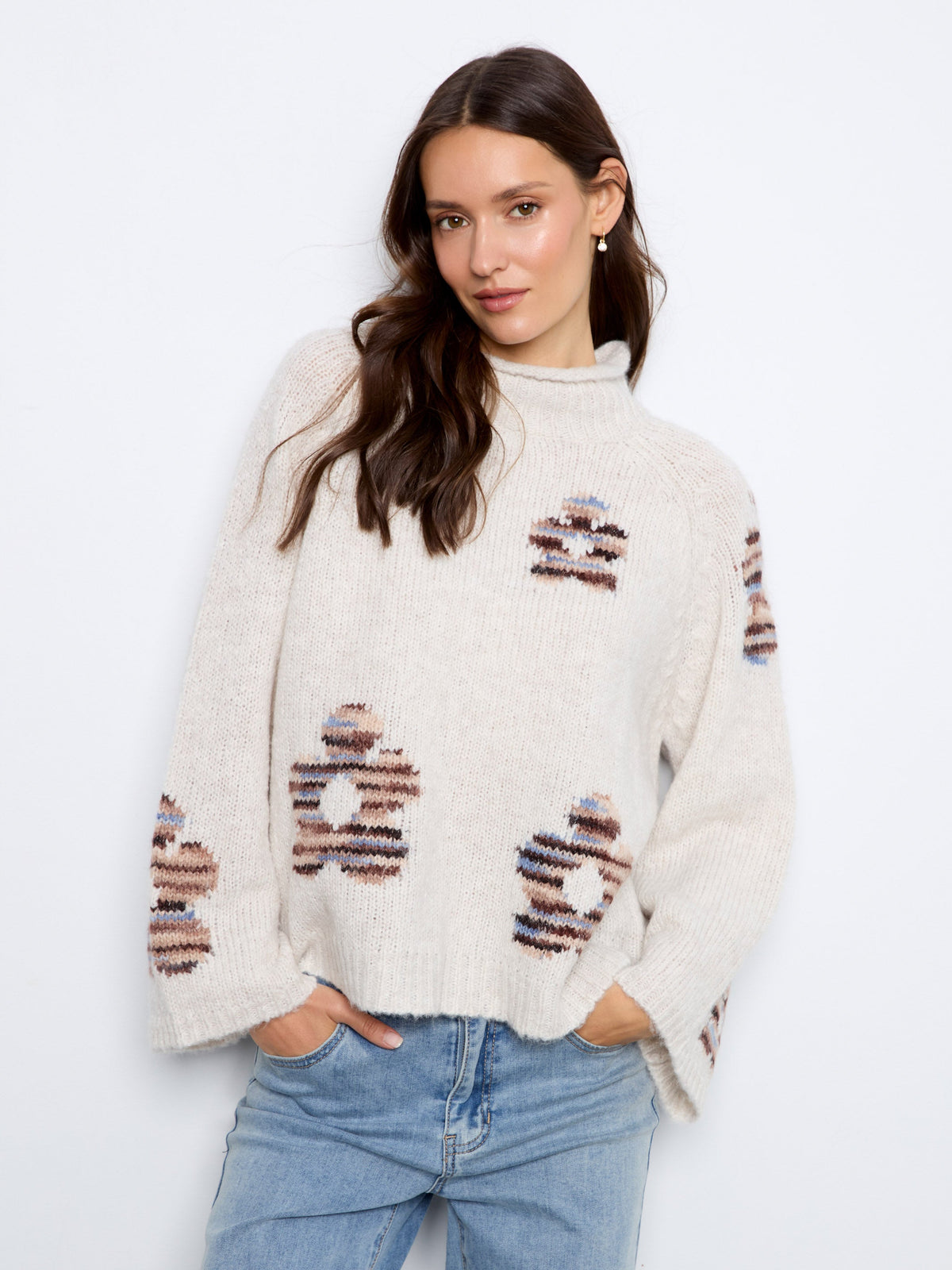 Floral Mock Neck Knit Sweater - Lake Tahoe