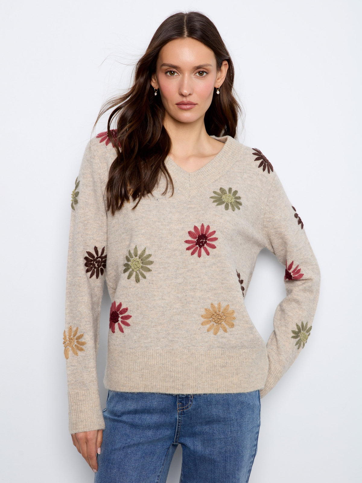 Floral Embroidered V-Neck Sweater - Heather Natural