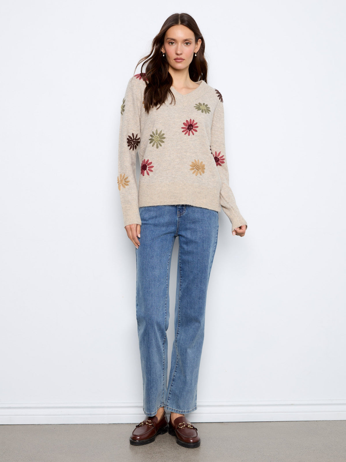 Floral Embroidered V-Neck Sweater - Heather Natural