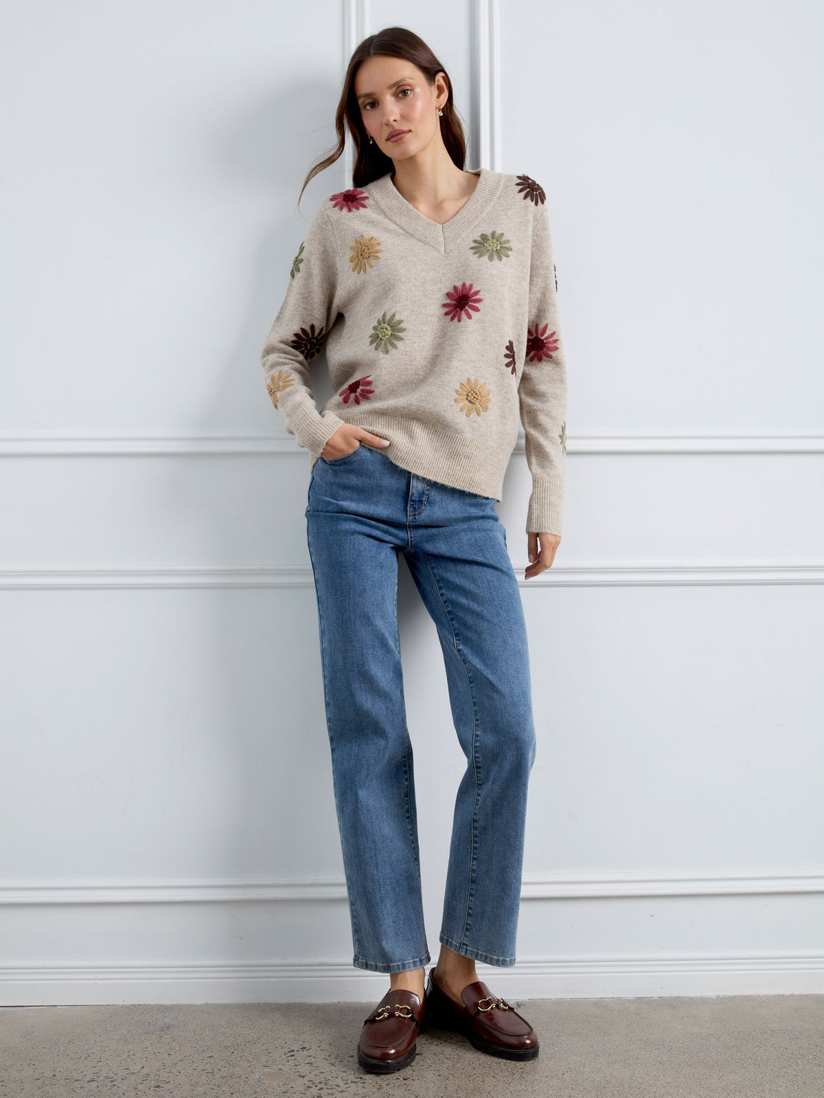Floral Embroidered V-Neck Sweater - Heather Natural