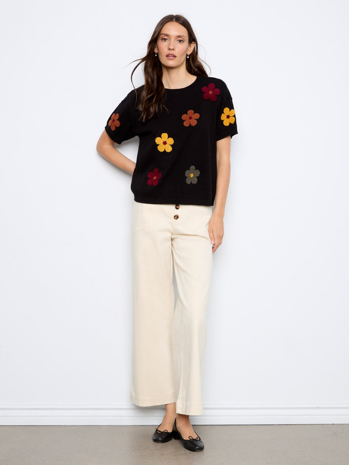 Cotton Floral Embroidered Short Sleeve Sweater - Black