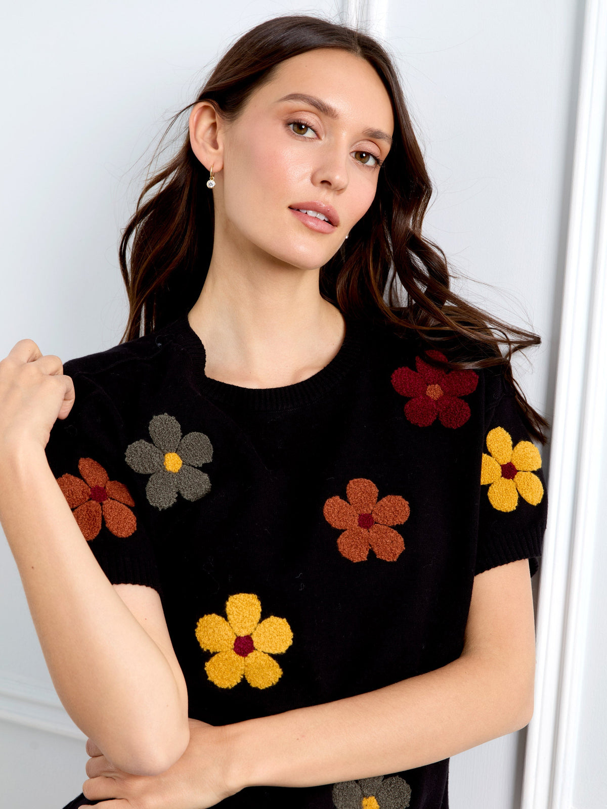 Cotton Floral Embroidered Short Sleeve Sweater - Black