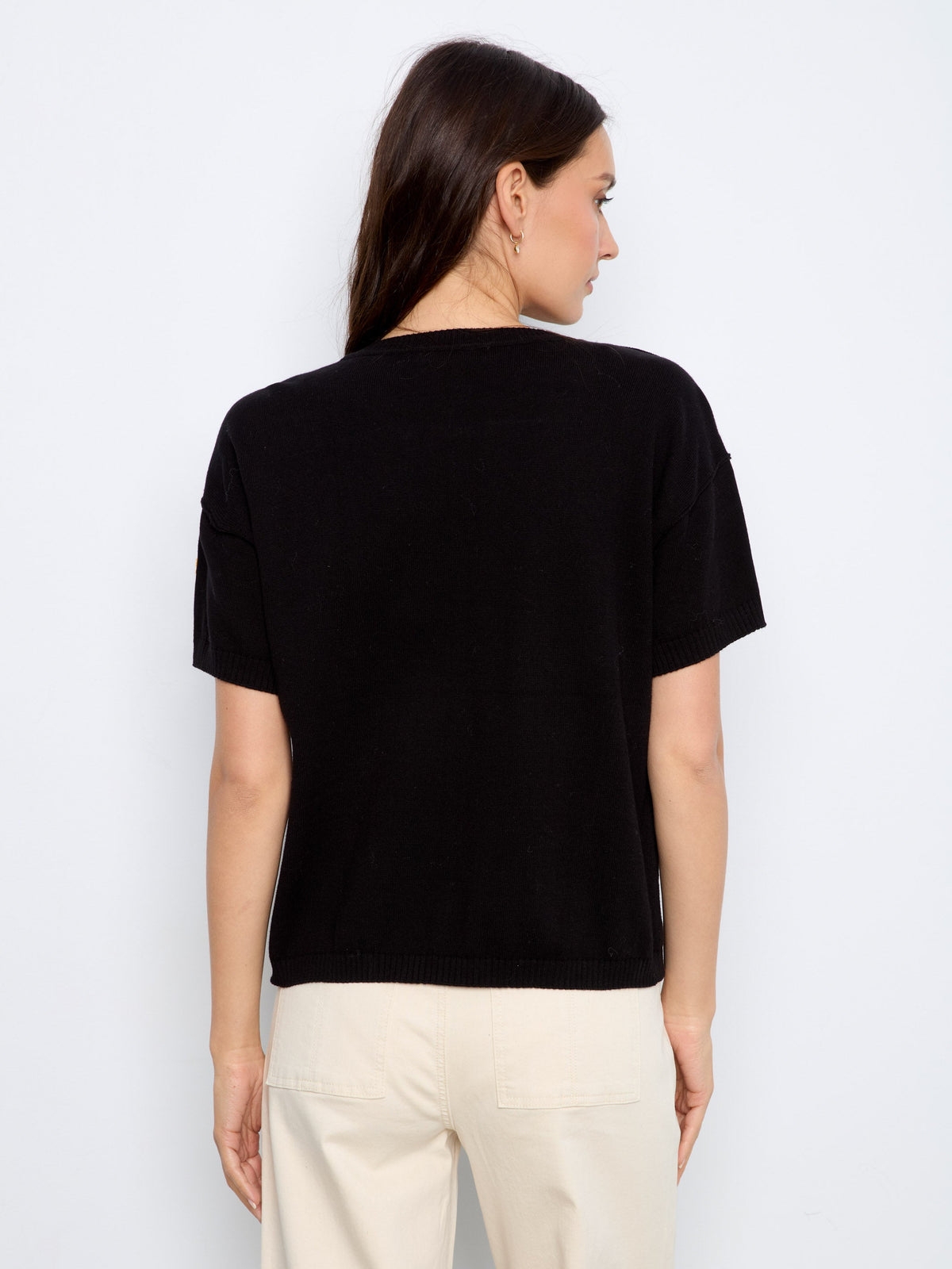 Cotton Floral Embroidered Short Sleeve Sweater - Black