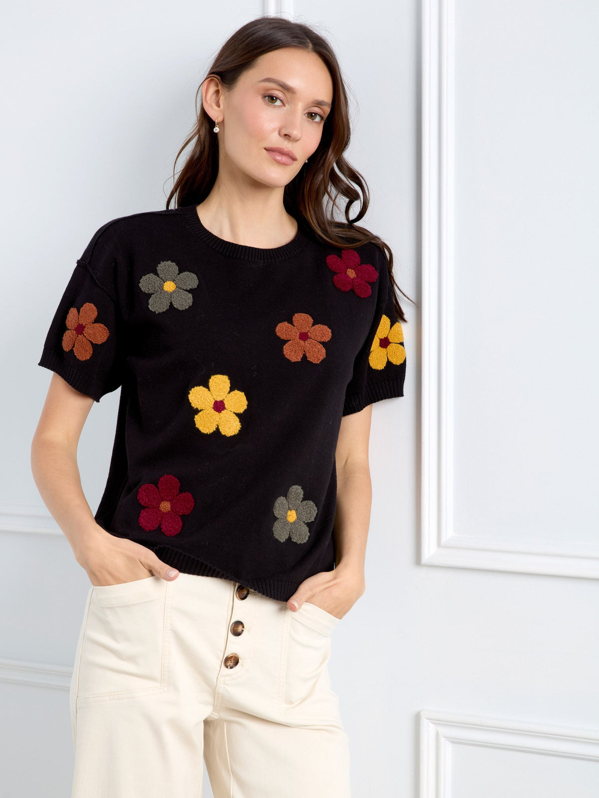 Cotton Floral Embroidered Short Sleeve Sweater - Black