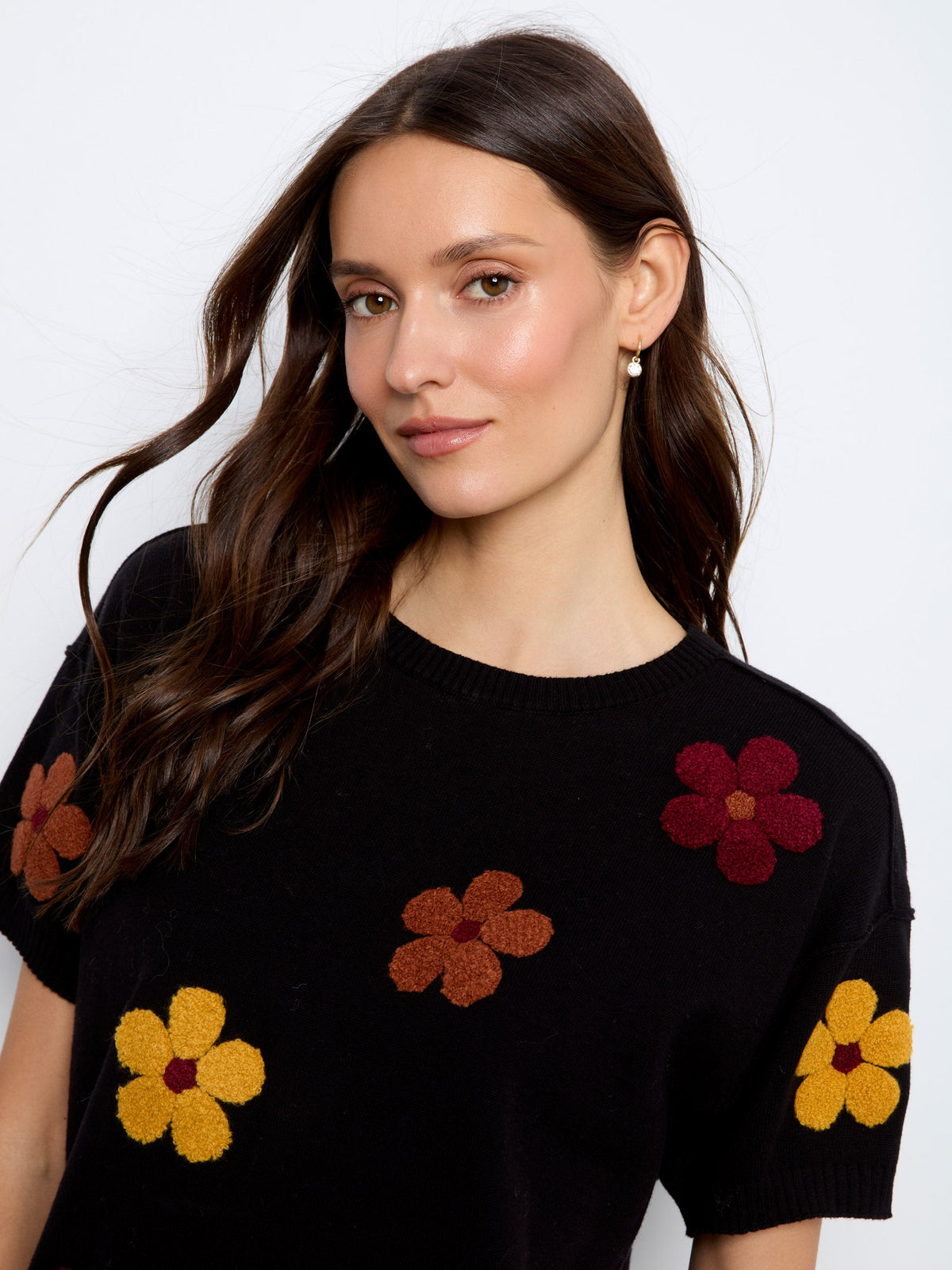 Cotton Floral Embroidered Short Sleeve Sweater - Black