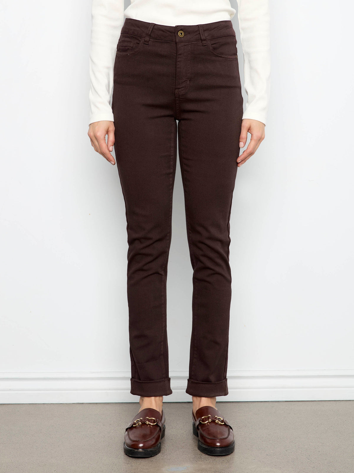 Cuffed Hem Twill Jeans - Coffee