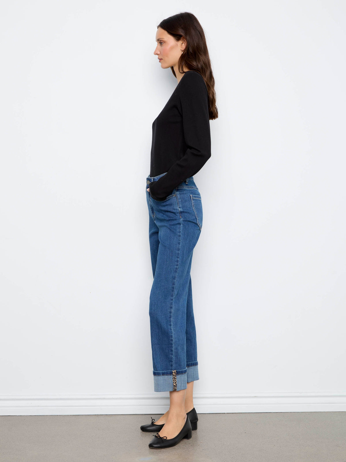 Cuffed Straight Leg Jeans With Leopard Trim - Washed Indigo