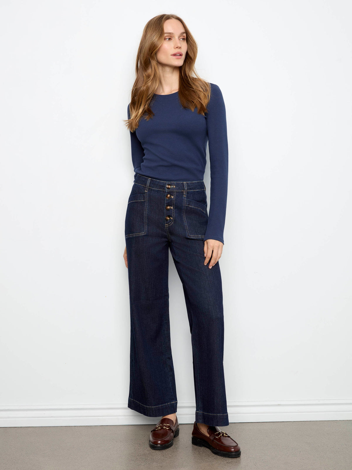 Wide Leg Button Front Jeans With Patch Pockets - Midnight