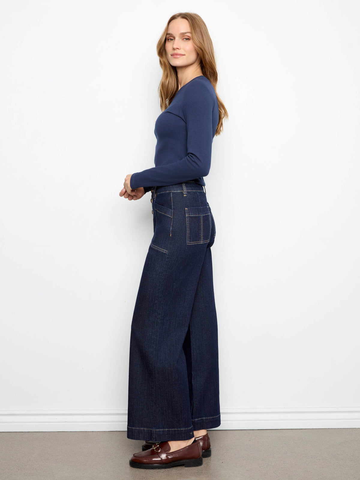Wide Leg Button Front Jeans With Patch Pockets - Midnight