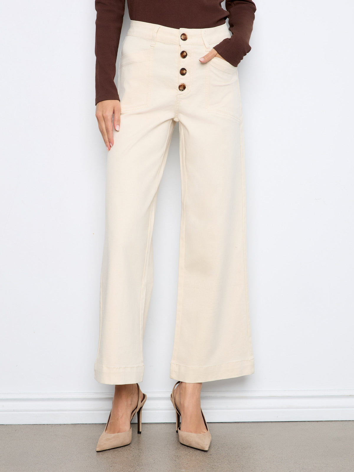 Wide Leg Button Front Flex Twill Pants With Patch Pockets - Natural