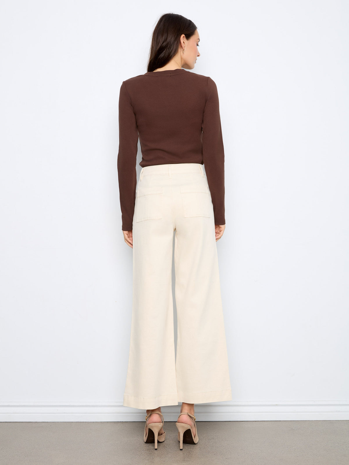 Wide Leg Button Front Flex Twill Pants With Patch Pockets - Natural