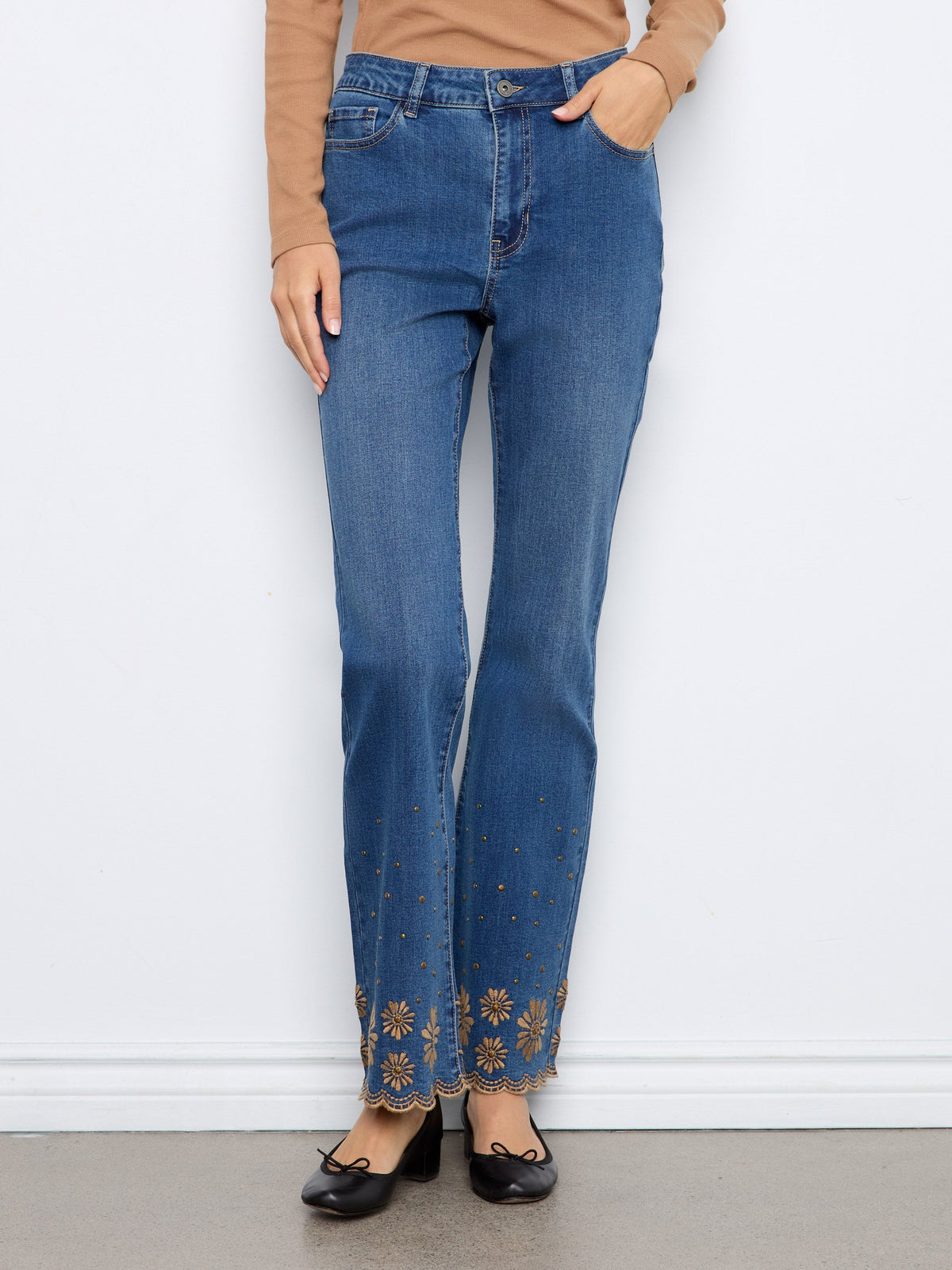 Embroidered Flare Leg Jeans With Studded Scallop Hem - Vintage Indigo