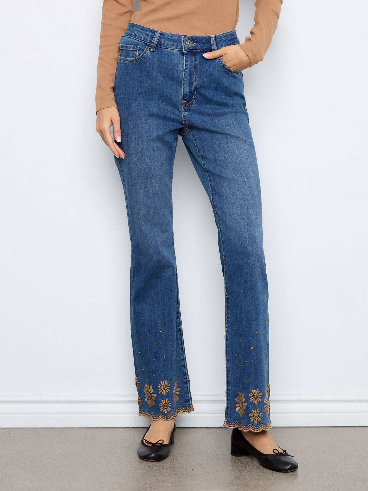 Embroidered Flare Leg Jeans With Studded Scallop Hem - Vintage Indigo