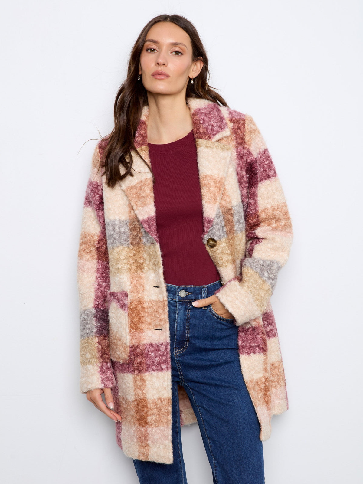 Plaid Bouclé Knit Coat - Ginger