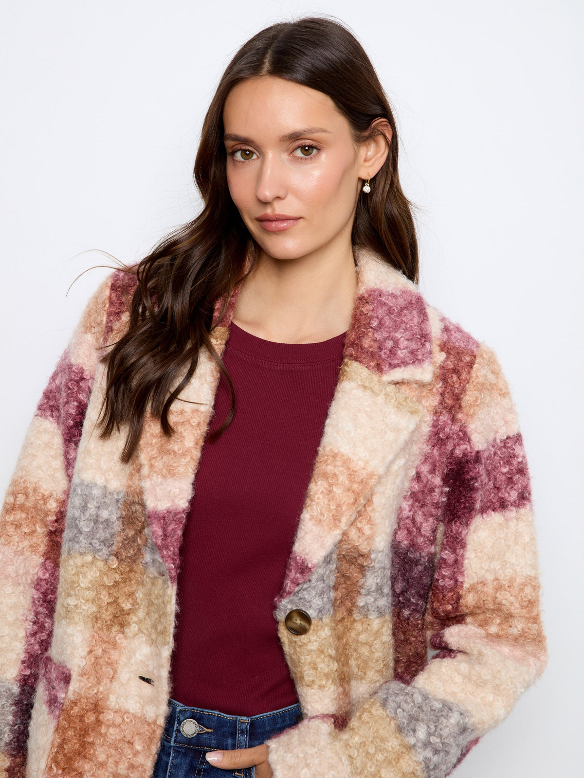 Plaid Bouclé Knit Coat - Ginger