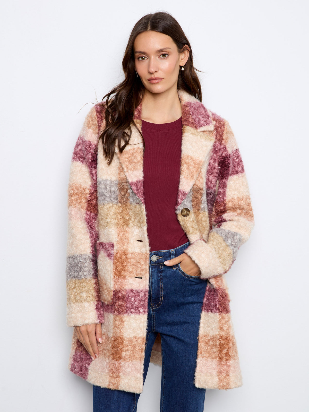 Plaid Bouclé Knit Coat - Ginger