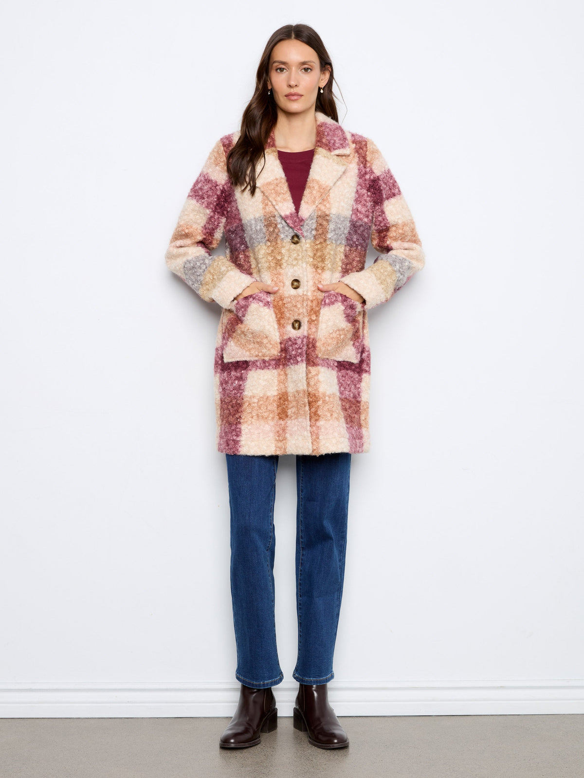 Plaid Bouclé Knit Coat - Ginger