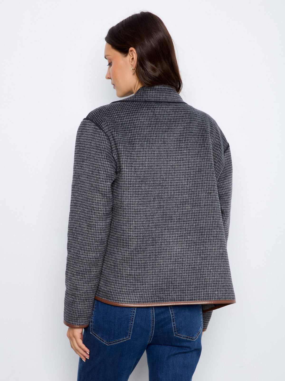 Reversible Plaid Jacket With Faux Leather Binding - Navy