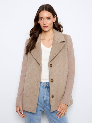 Wool Blend Jacket With Rib Knit Sleeves - Heather Taupe