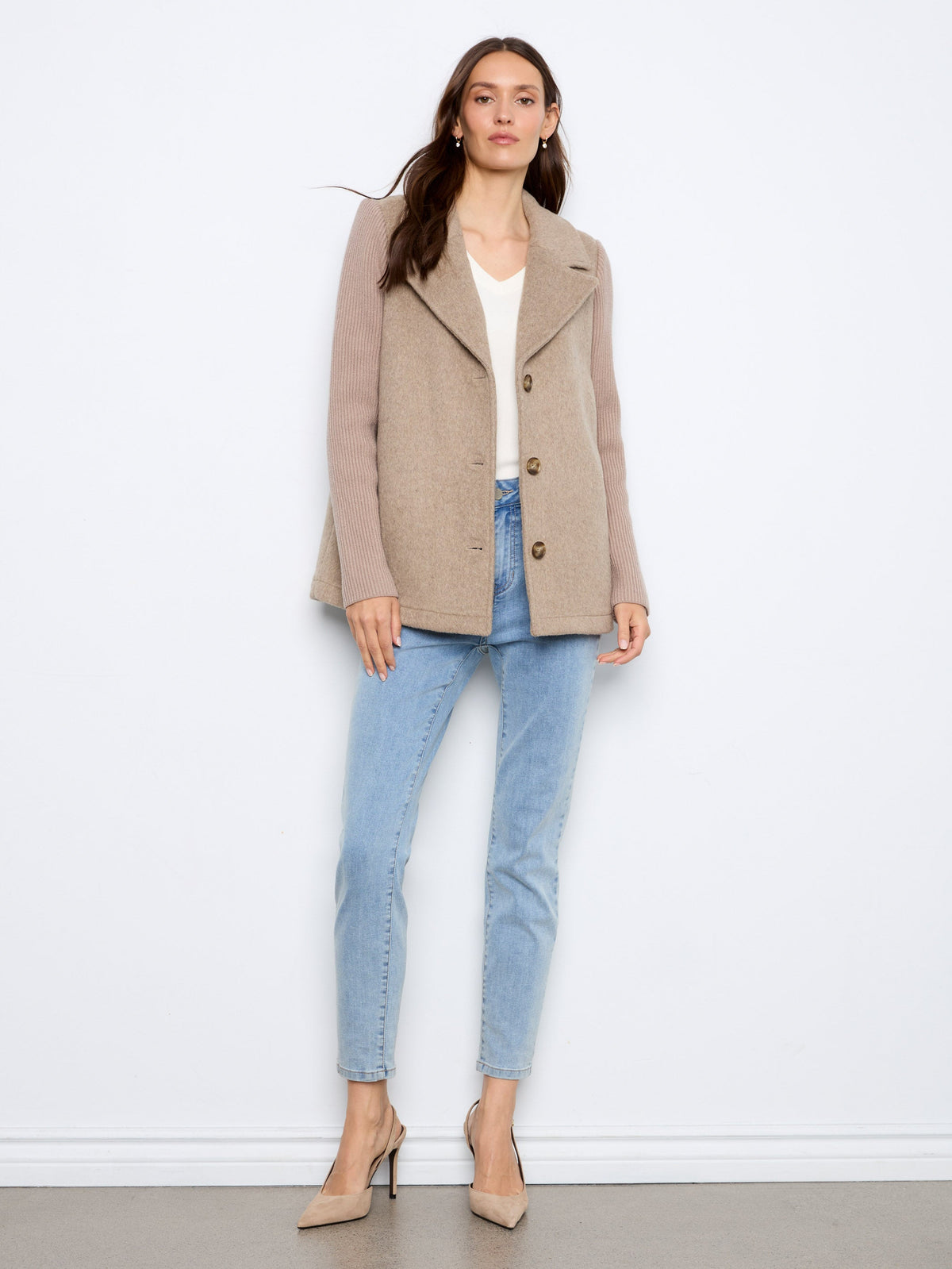 Wool Blend Jacket With Rib Knit Sleeves - Heather Taupe