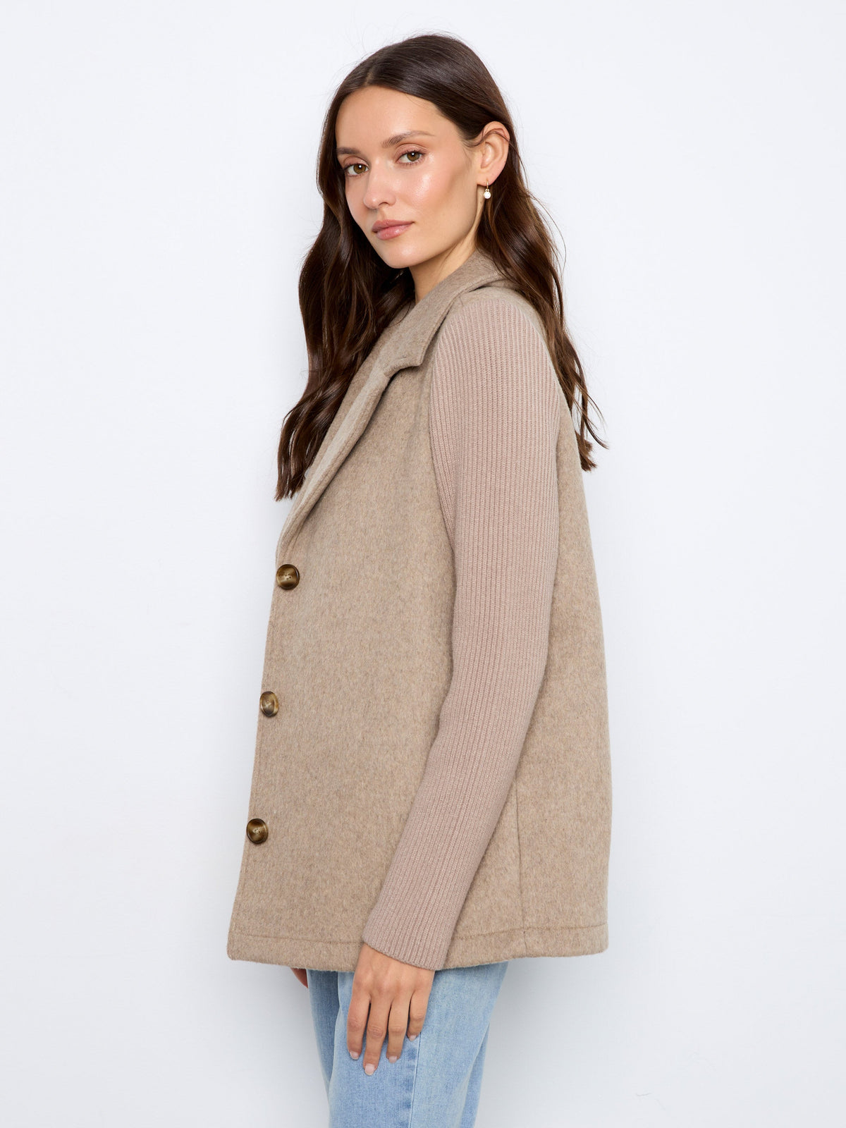 Wool Blend Jacket With Rib Knit Sleeves - Heather Taupe