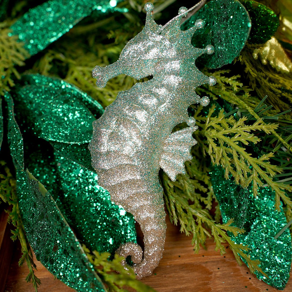 Turquoise Glitter Seahorse Ornament