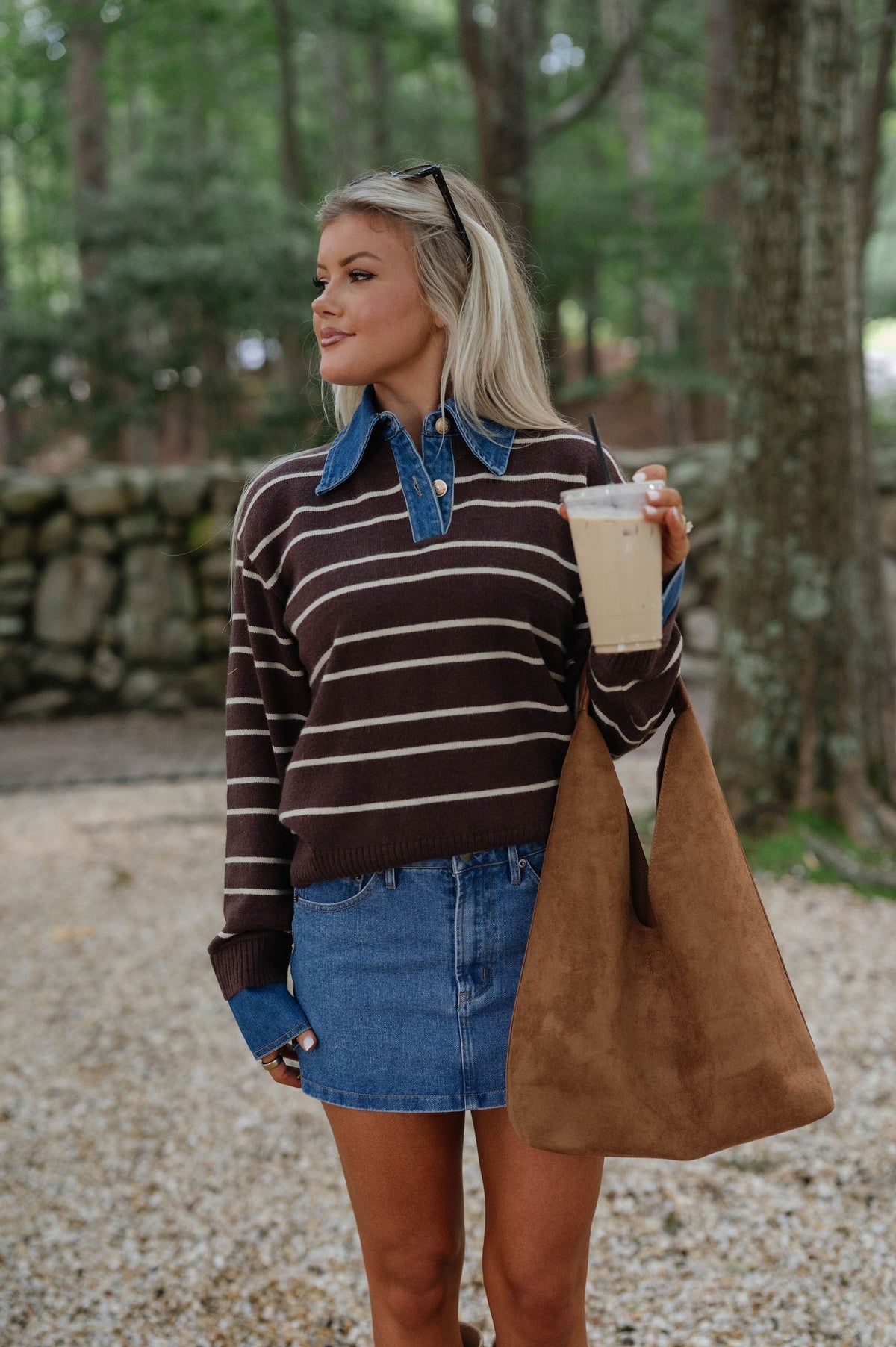 Charlie Stripe Denim Combo Sweater-Brown/Oatmeal