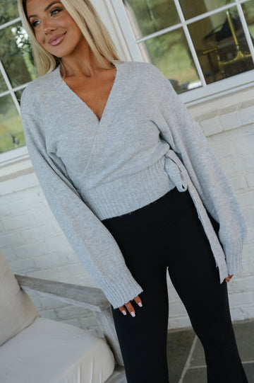 Elise Wrap Tie Knit Sweater-Heather Grey