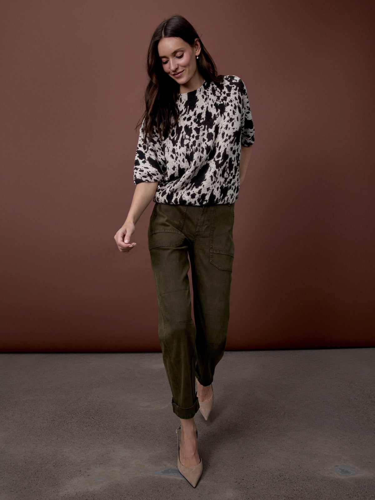 Cropped Barrel Leg Twill Pants - Olive