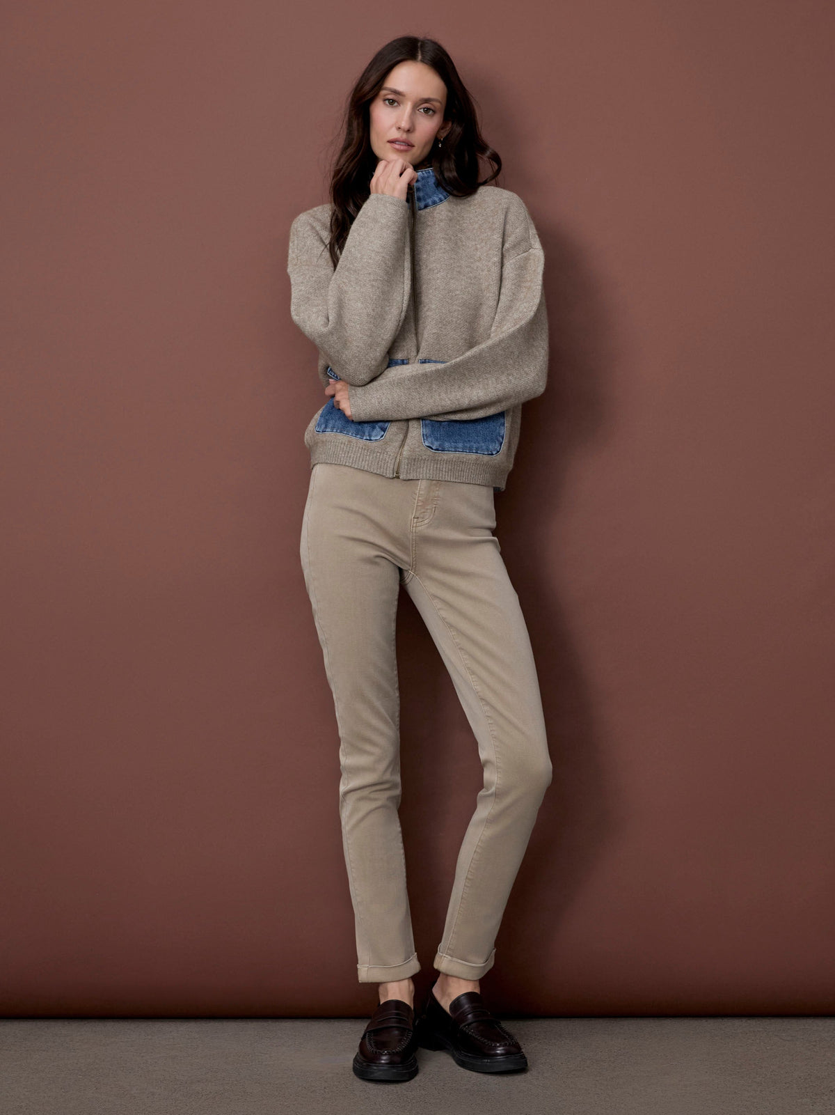 Cuffed Hem Twill Jeans - Latte