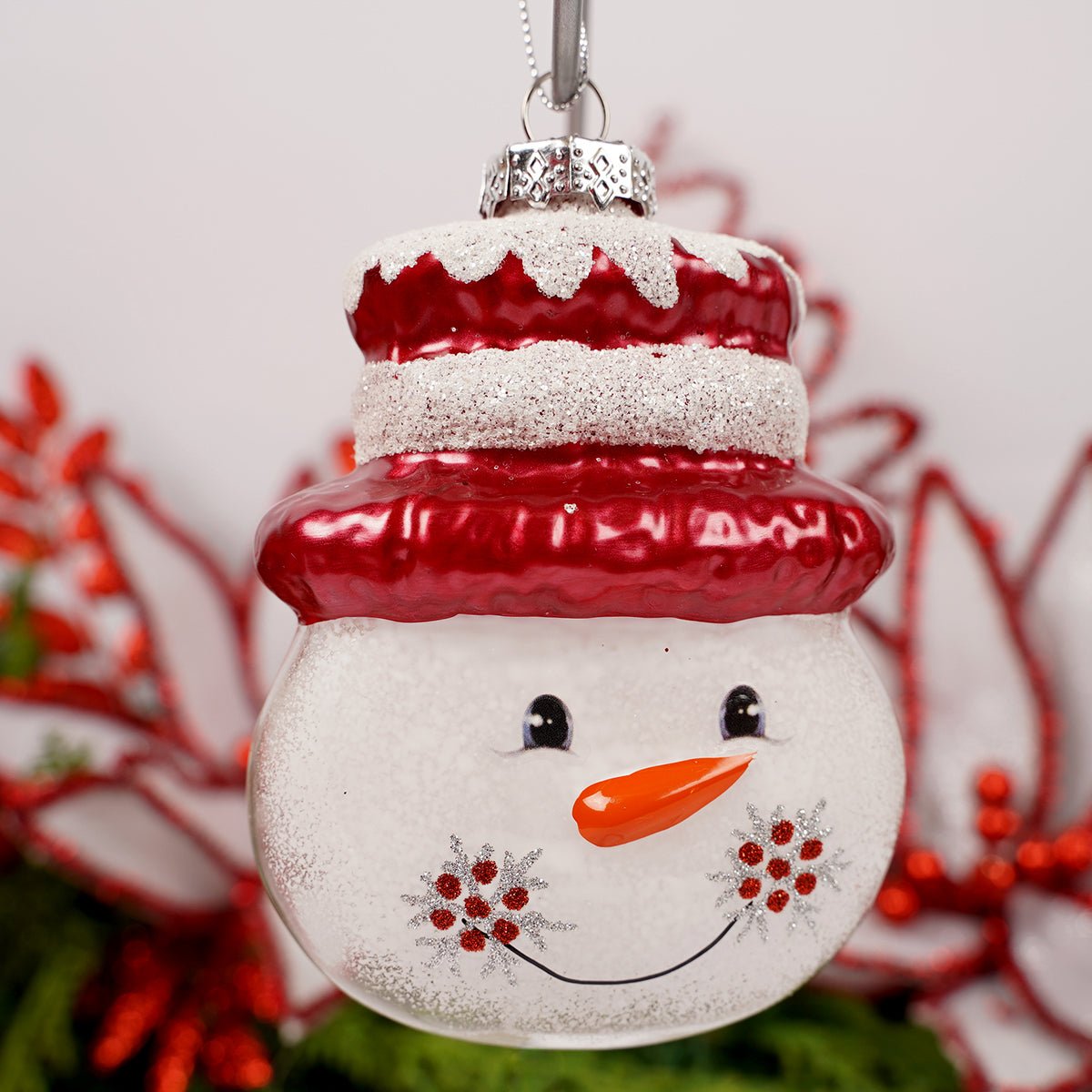 Glass Red Hat Snowman Face Ornament