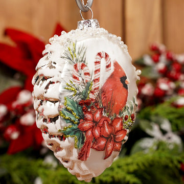 Glass White Pinecone Cardinal Ornament