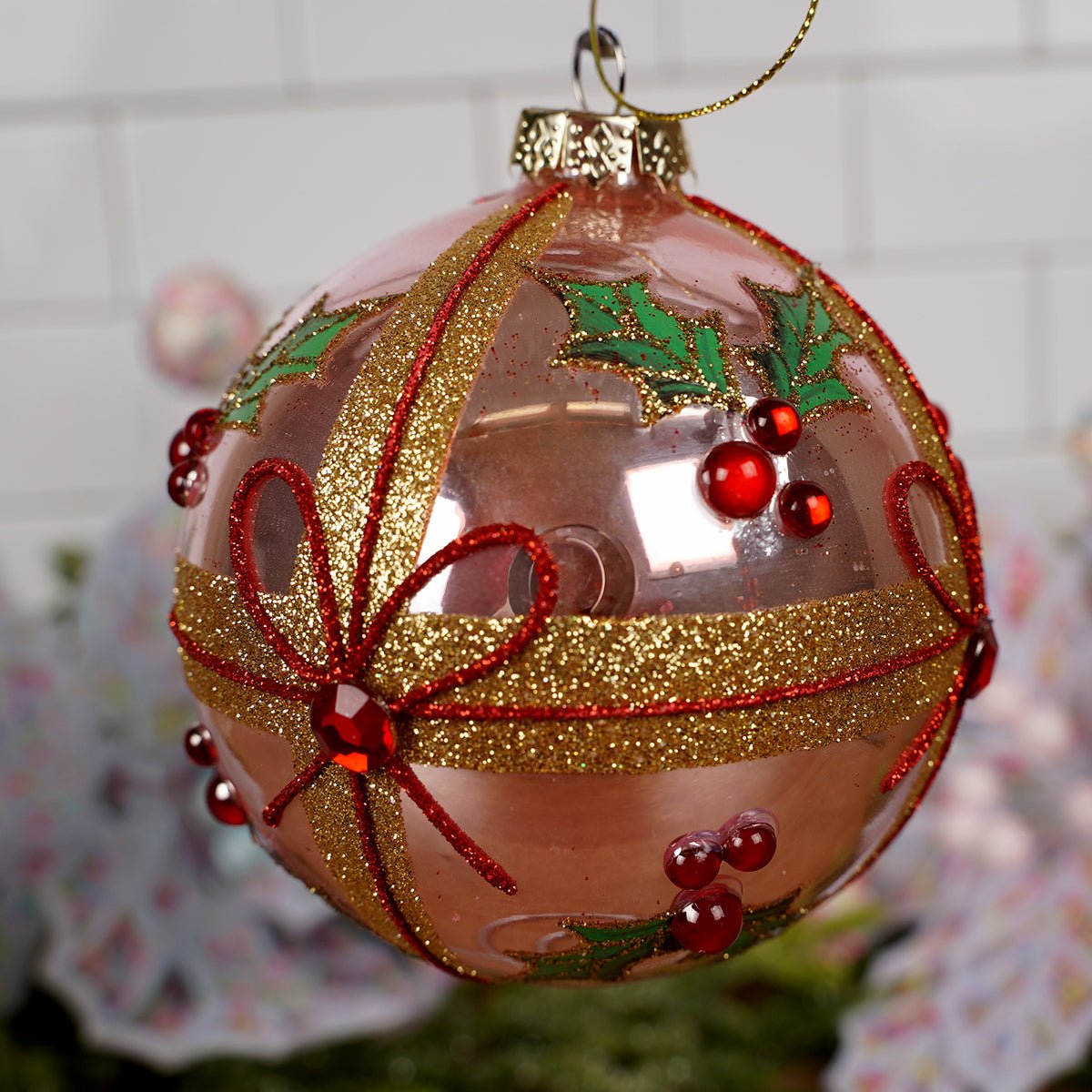 Glass Pink Holly Bow Ball Ornament
