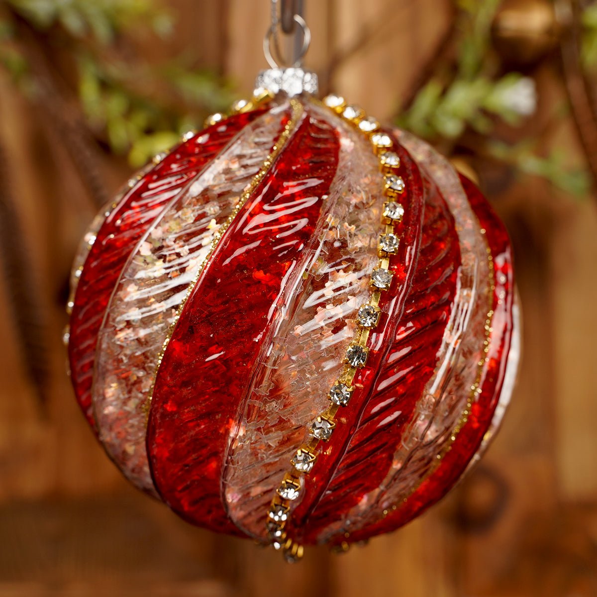 100MM Glass Red Gold Swirl Ball Ornament