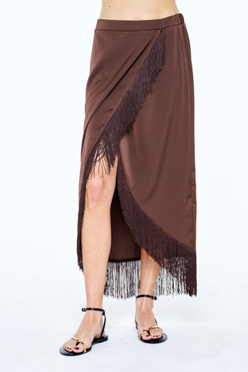 SANA FRINGED SATIN WRAP MIDI SKIRT
