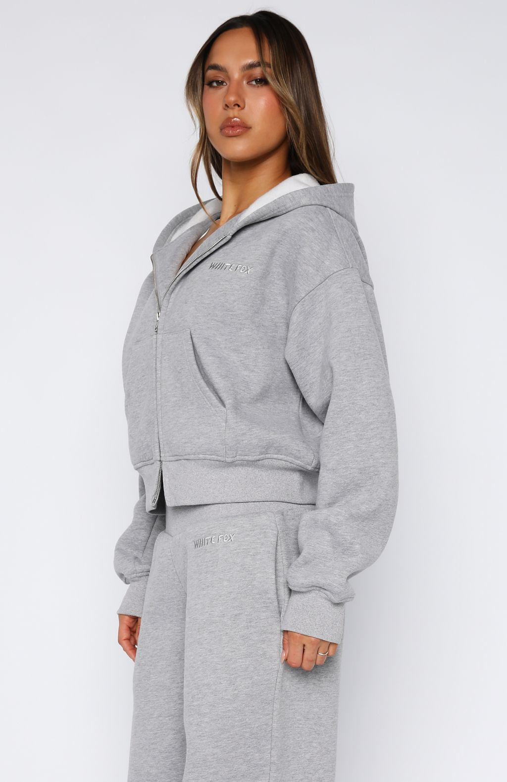 Come A Long Way Boxy Zip Front Hoodie Grey Marle