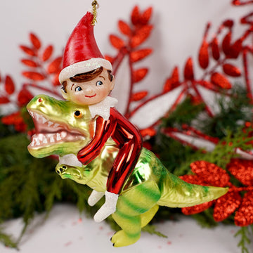 Elf Riding Dinosaur Christmas Ornament