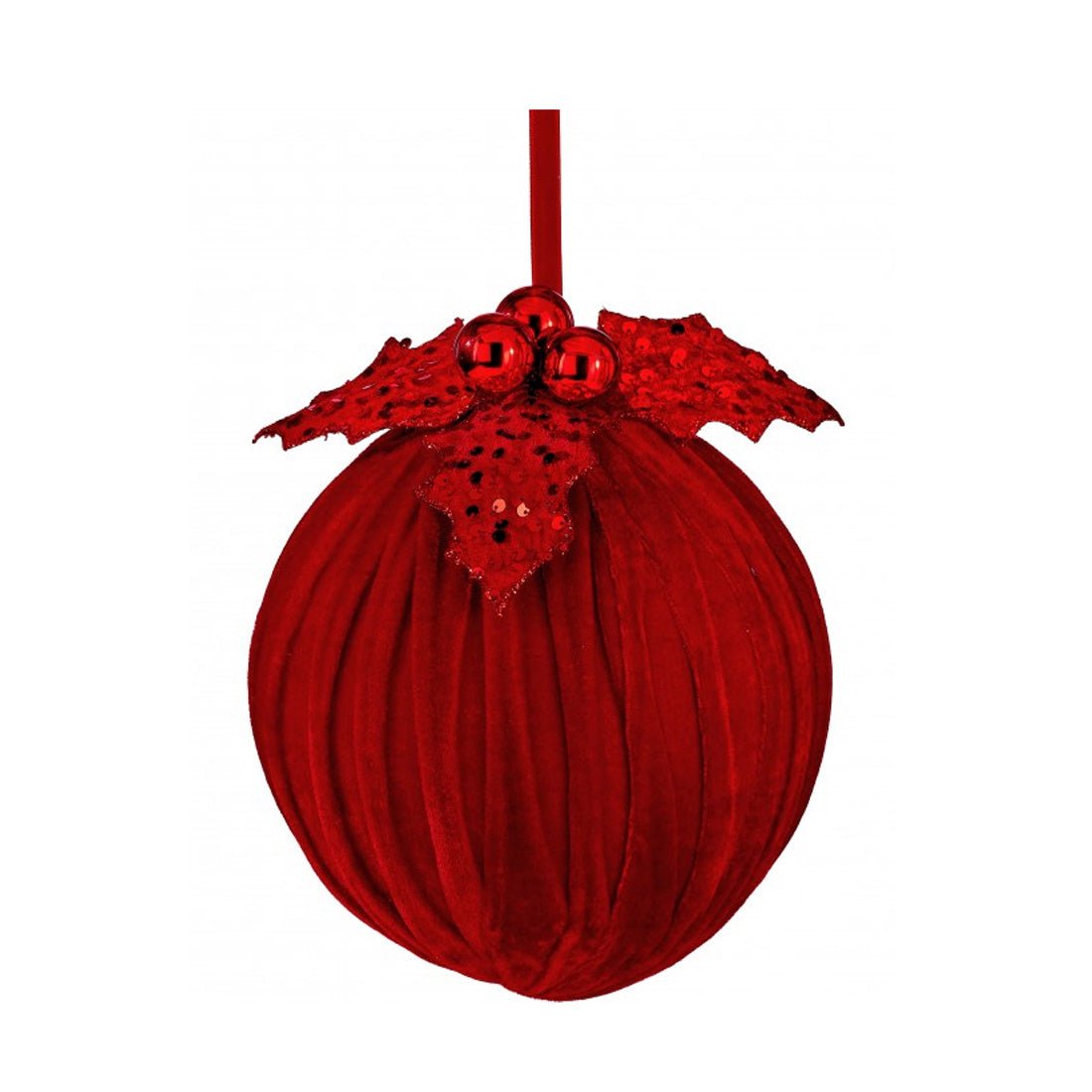 8IN RED VELVET SEQUIN BALL WITH HOLLY ORNAMENT